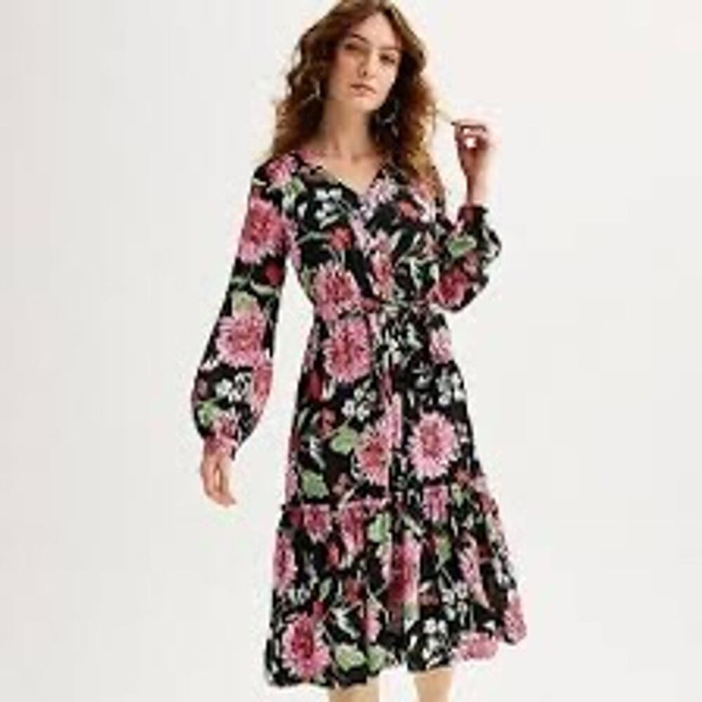 Draper James Long Sleeve Tiered Midi v-neck Dress black pink cottagecore medium